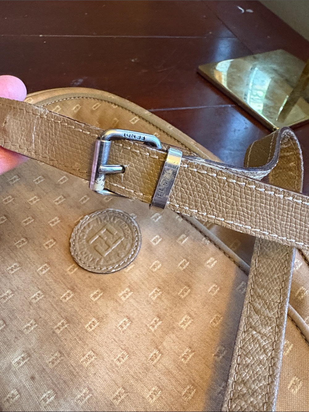 Fendi FF Tan coated canvas and leather crossbody Shoulder Bag w Adjustable Strap - Picture 6 of 8